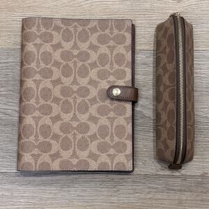 Coach NEW Notebook Canvas Signature Tan Brown & Coach Pencil Case Set Bundle